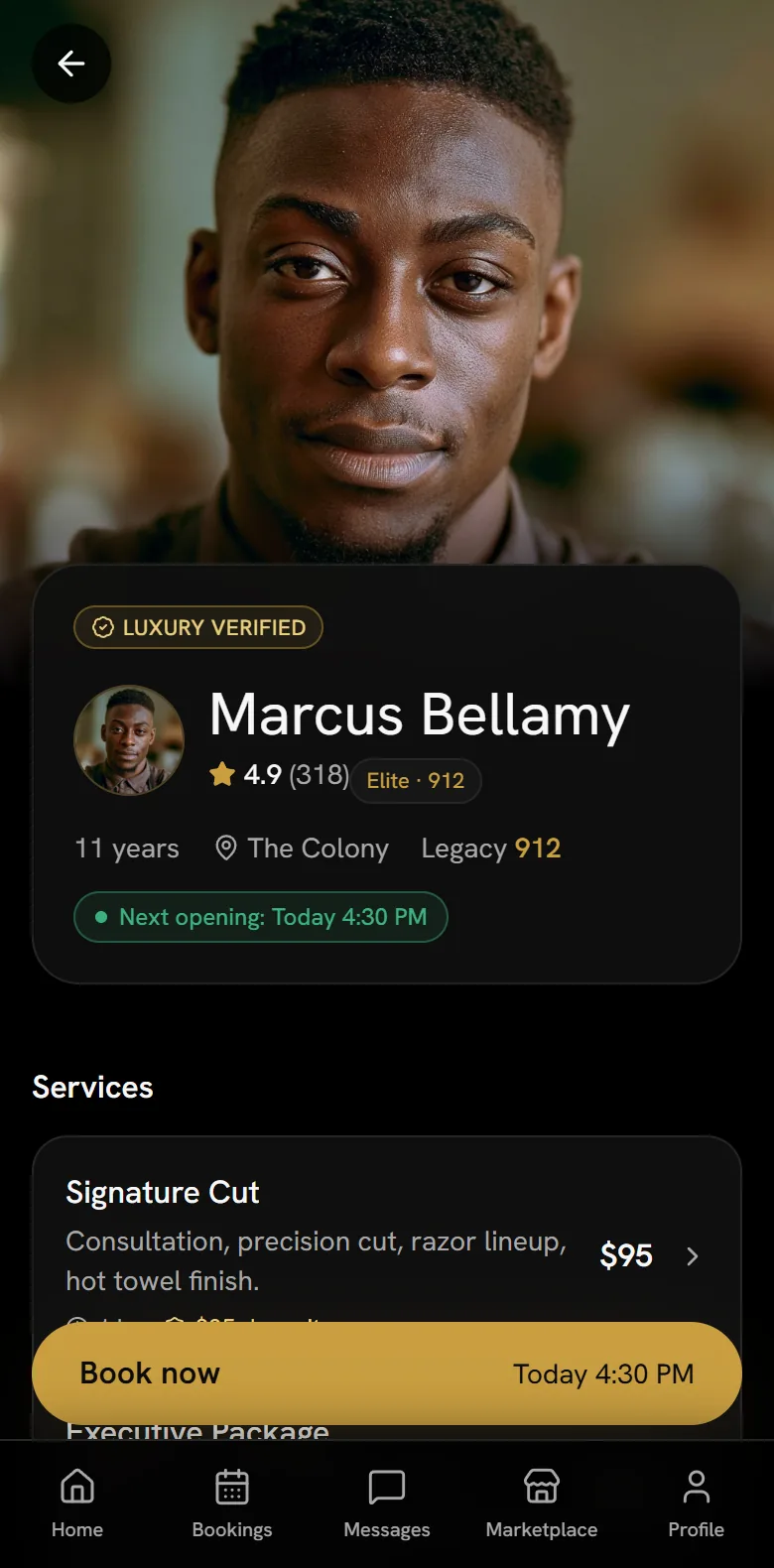 A Luxury Verified barber's profile on K Styles with services, prices, the next opening, and a Book now button